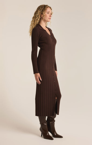 z supply danity sweater dress collared long sleeve midi sweater dress button front ribbed fabric fitted silhouette coffee bean chocolate brown