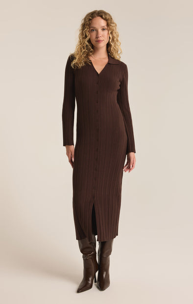 z supply danity sweater dress collared long sleeve midi sweater dress button front ribbed fabric fitted silhouette coffee bean chocolate brown