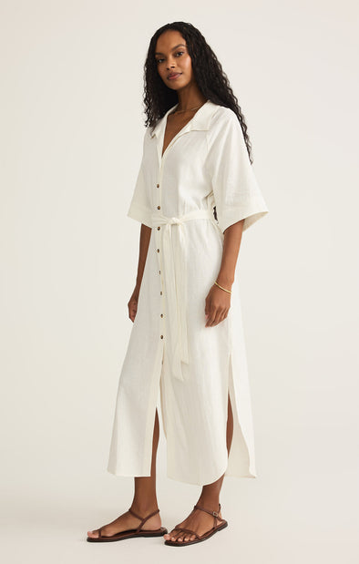 z supply brise linen midi dress collared 3/4 sleeve lightweight washed linen blend button up white dress bridal spring summer