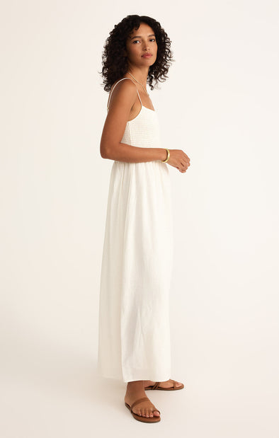 z supply bayside linen maxi dress squareneck sleeveless adjustable straps lightweight fit and flare smocked body white bridal outfit bridal shower spring summer