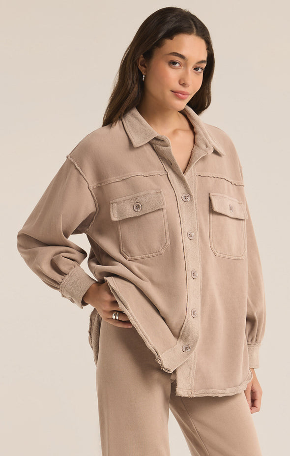 z supply abbott longline jacket button front chest pockets curved hem relaxed oversized fit brushed fleece shacket latte