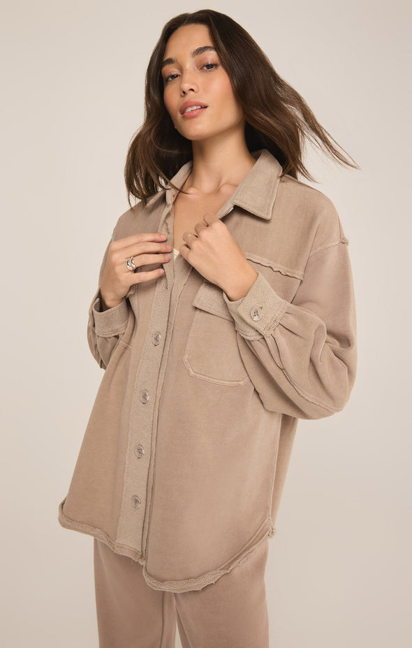 z supply abbott longline jacket button front chest pockets curved hem relaxed oversized fit brushed fleece shacket latte