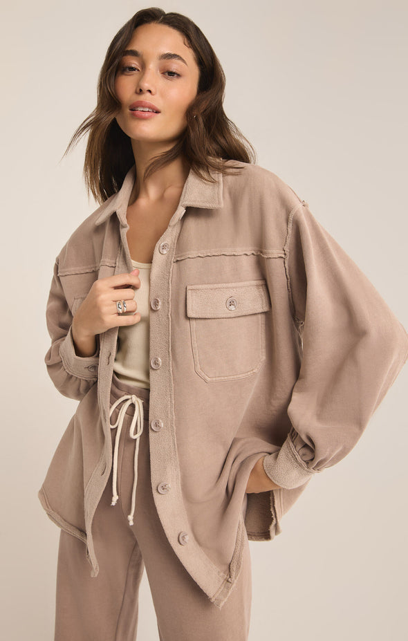 z supply abbott longline jacket button front chest pockets curved hem relaxed oversized fit brushed fleece shacket latte