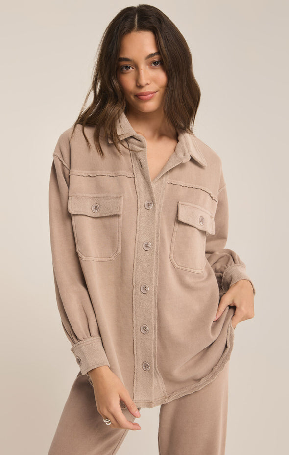 z supply abbott longline jacket button front chest pockets curved hem relaxed oversized fit brushed fleece shacket latte