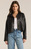 z supply all day faux leather jacket black cropped collared patch pocket long sleeve button front leather shacket