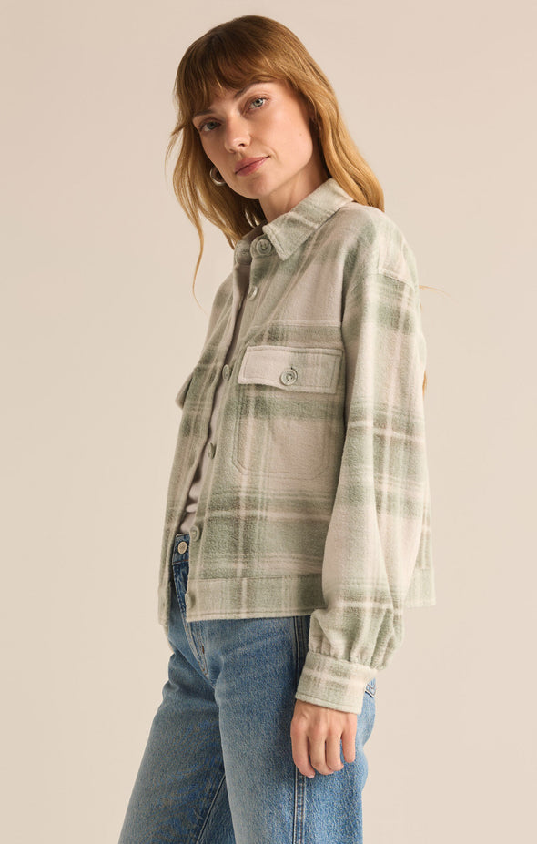 z supply abbott plaid jacket willow sage green plaid cropped shacket flap pockets midweight fleece