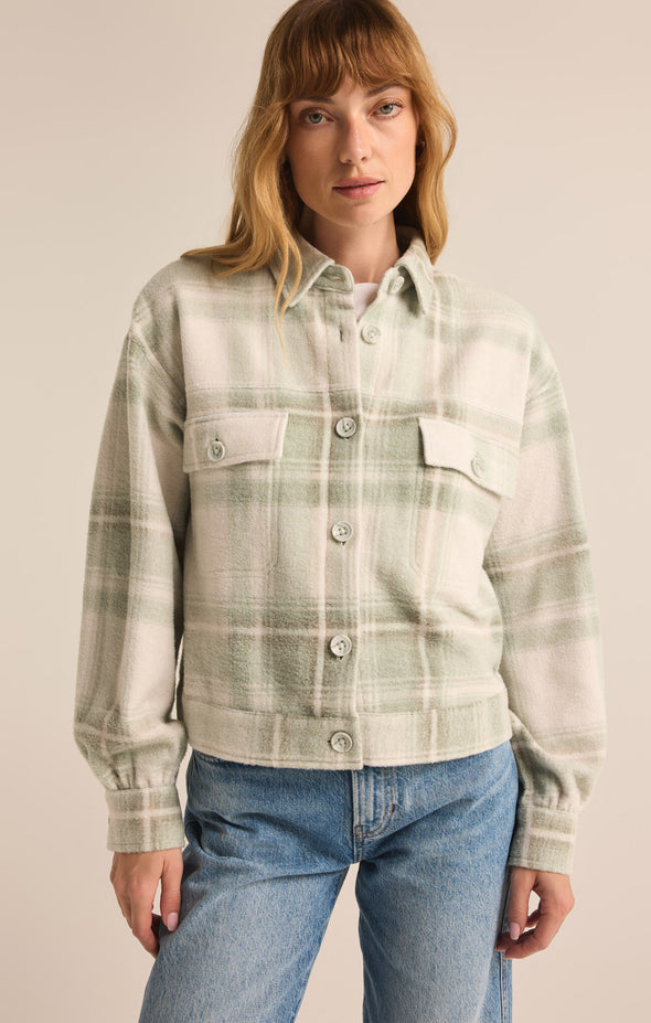 z supply abbott plaid jacket willow sage green plaid cropped shacket flap pockets midweight fleece