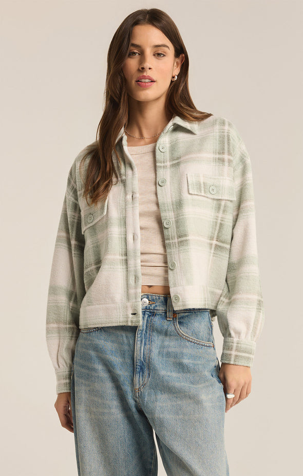 z supply abbott plaid jacket willow sage green plaid cropped shacket flap pockets midweight fleece