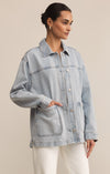 z supply on the road denim jacket long sleeve collared patch pocket mineral wash oversized fit cotton jean jacket