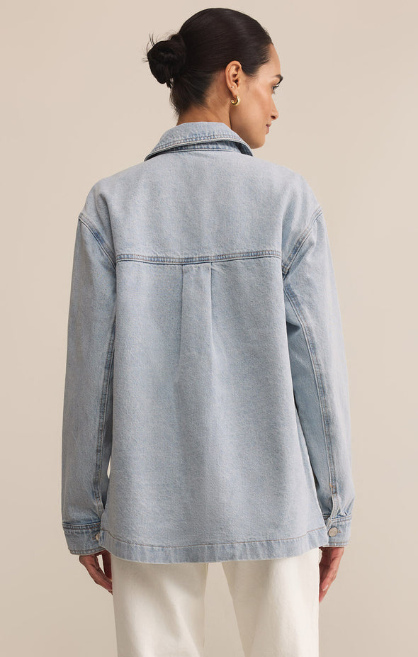z supply on the road denim jacket long sleeve collared patch pocket mineral wash oversized fit cotton jean jacket