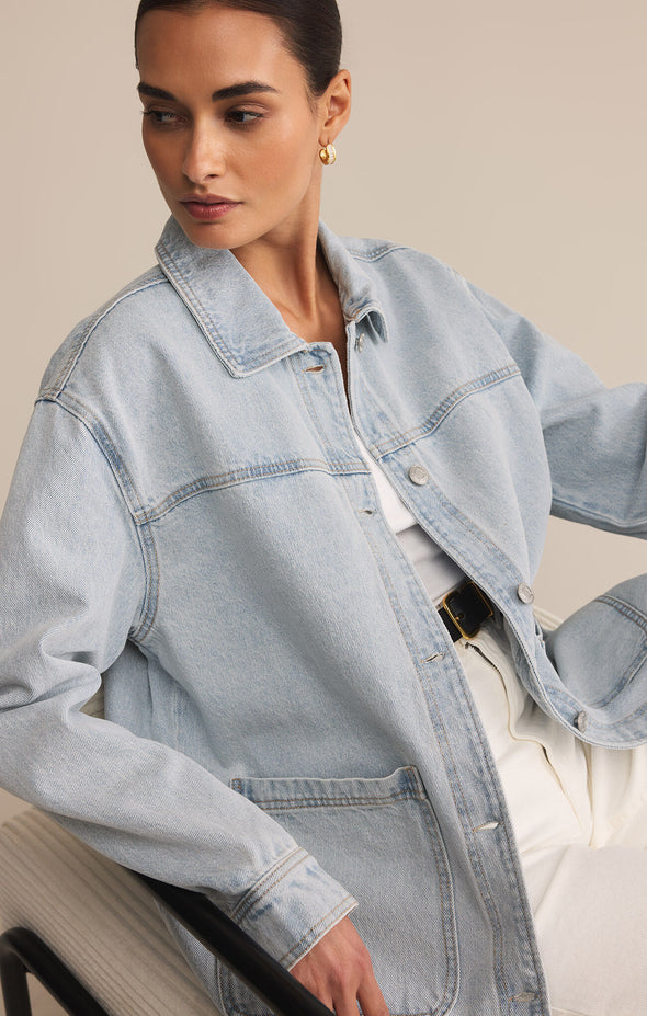 z supply on the road denim jacket long sleeve collared patch pocket mineral wash oversized fit cotton jean jacket
