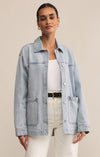 z supply on the road denim jacket long sleeve collared patch pocket mineral wash oversized fit cotton jean jacket