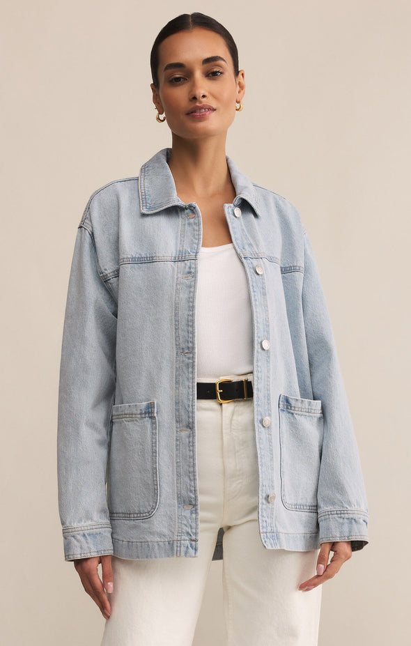 z supply on the road denim jacket long sleeve collared patch pocket mineral wash oversized fit cotton jean jacket