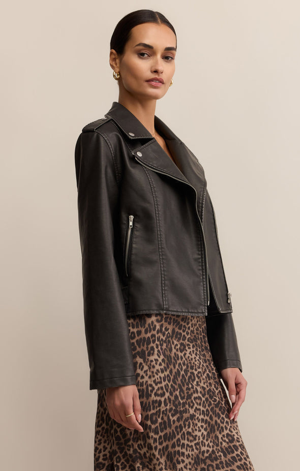 z supply alchemy moto jacket collared long sleeve faux leather relaxed fit black jacket