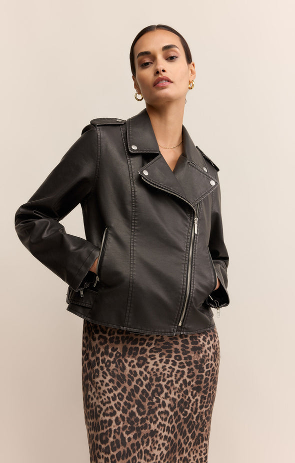 z supply alchemy moto jacket collared long sleeve faux leather relaxed fit black jacket