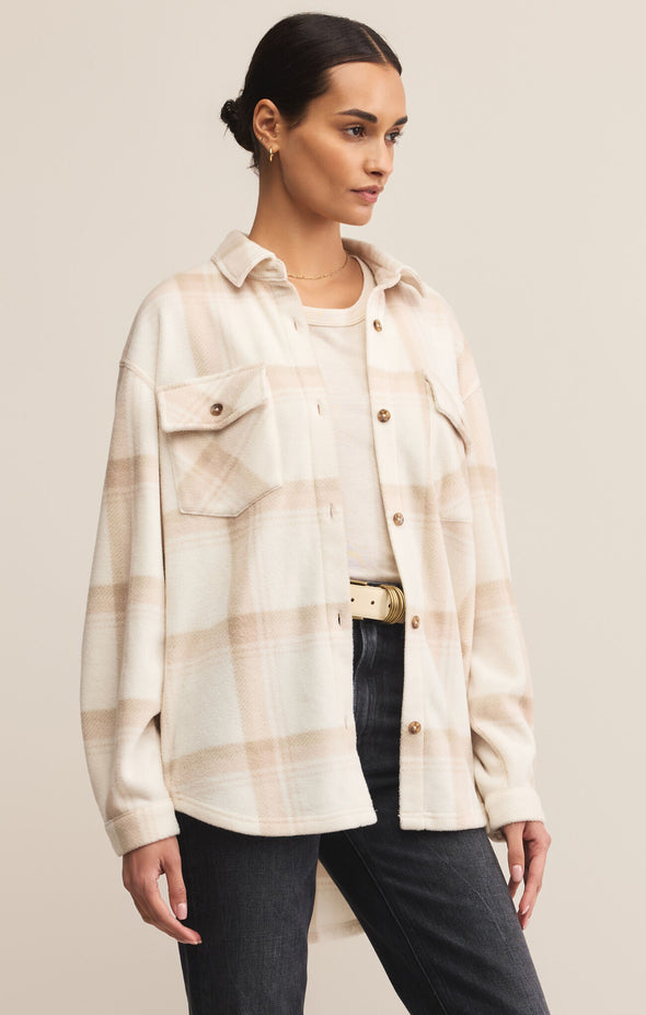 z supply hiker two toned fleece jacket button front brushed fleece plaid tan cream shacket