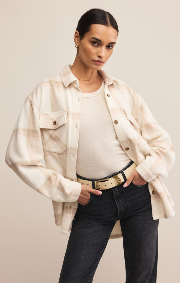 z supply hiker two toned fleece jacket button front brushed fleece plaid tan cream shacket