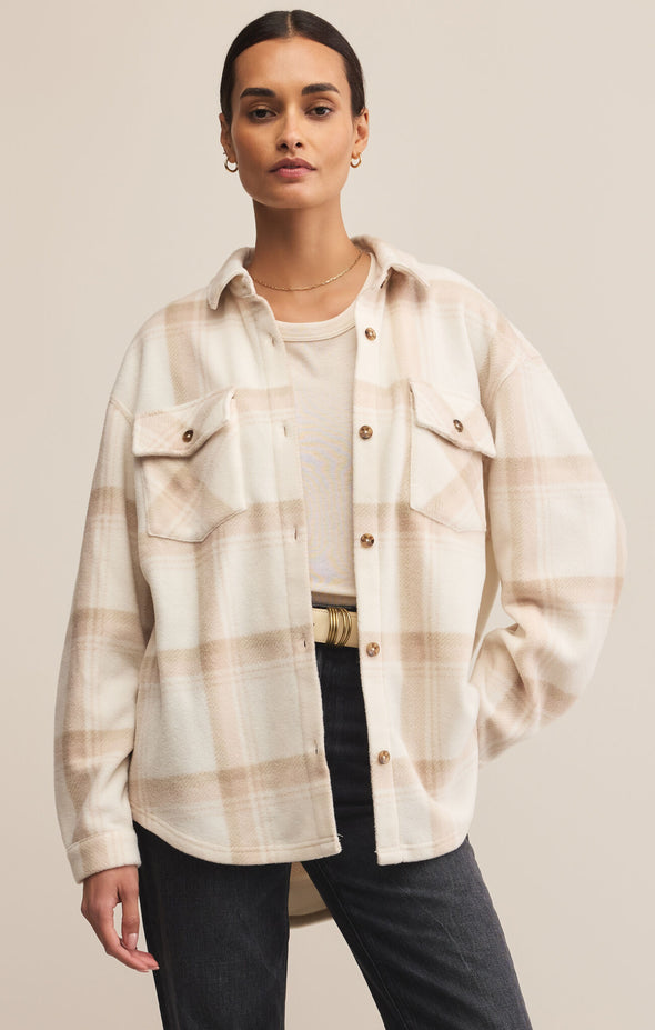 z supply hiker two toned fleece jacket button front brushed fleece plaid tan cream shacket