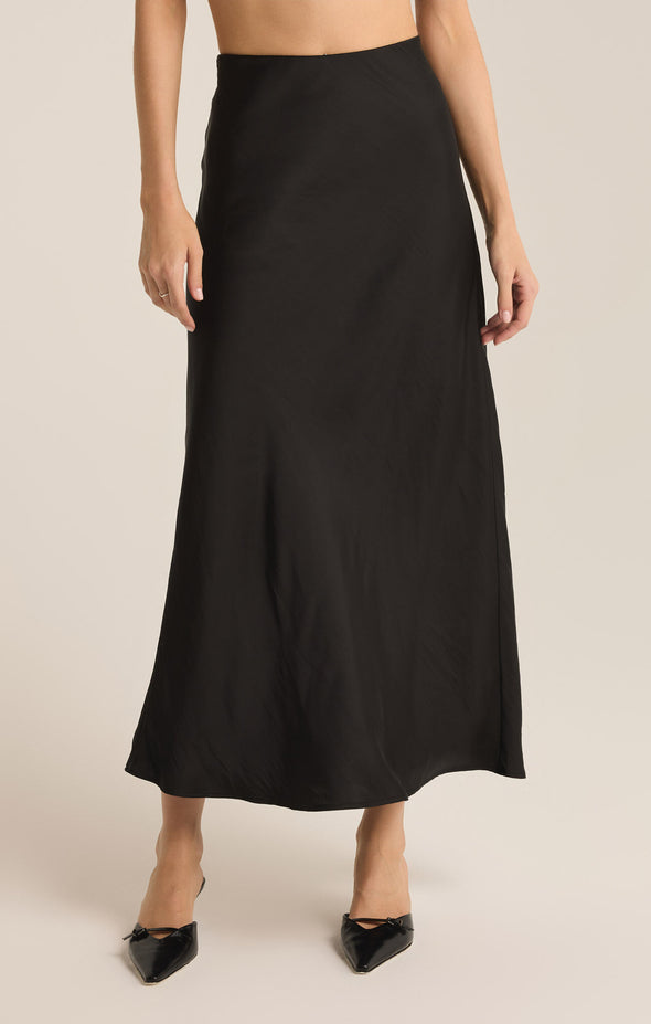 z supply europa poly sheen skirt midi length mid rise elastic waistband holiday satin skirt black