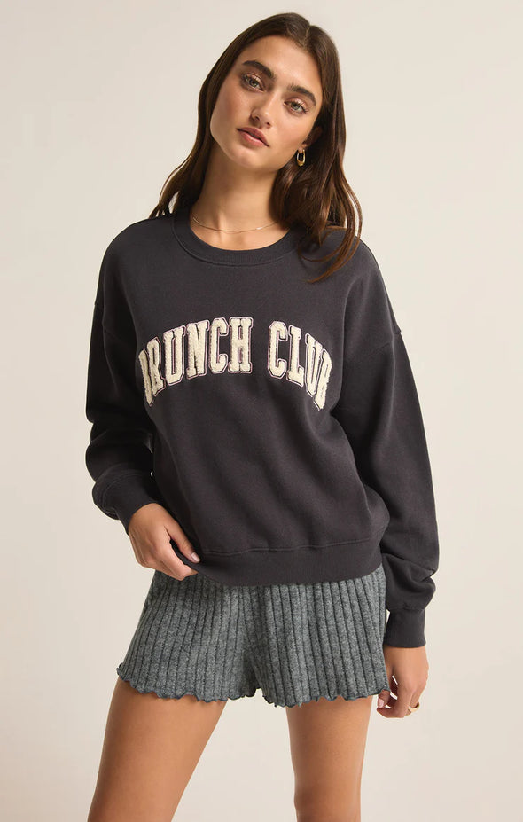 zsupply lounge brunch club sweateshirt black crewneck relaxed fit long sleeve graphic sweatshirt