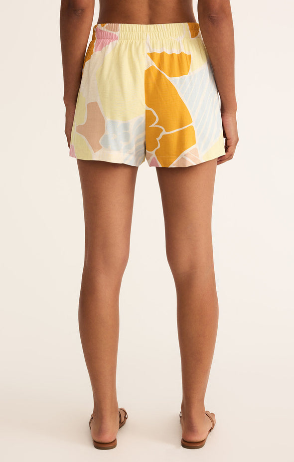z supply scout riviera linen short mellow yellow high rise fully lined elastic wasitband tropical floral print soft short spring summer