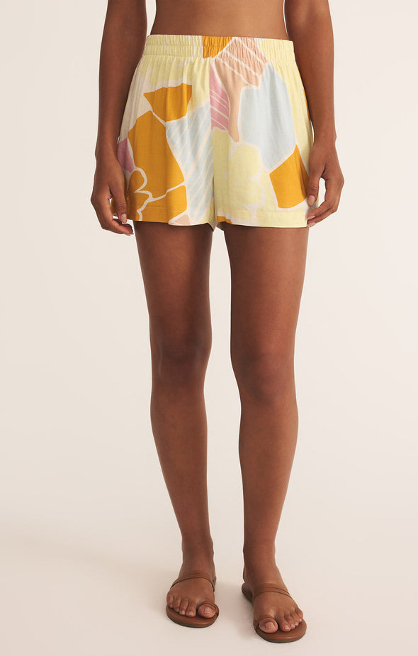 z supply scout riviera linen short mellow yellow high rise fully lined elastic wasitband tropical floral print soft short spring summer