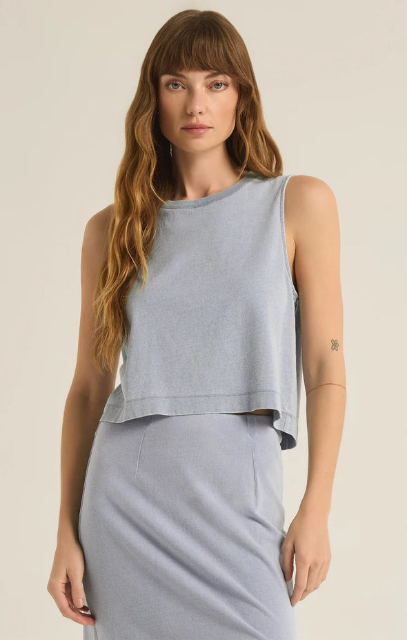 z supply sloane jersey denim muscle tank washed indigo crew neckline 