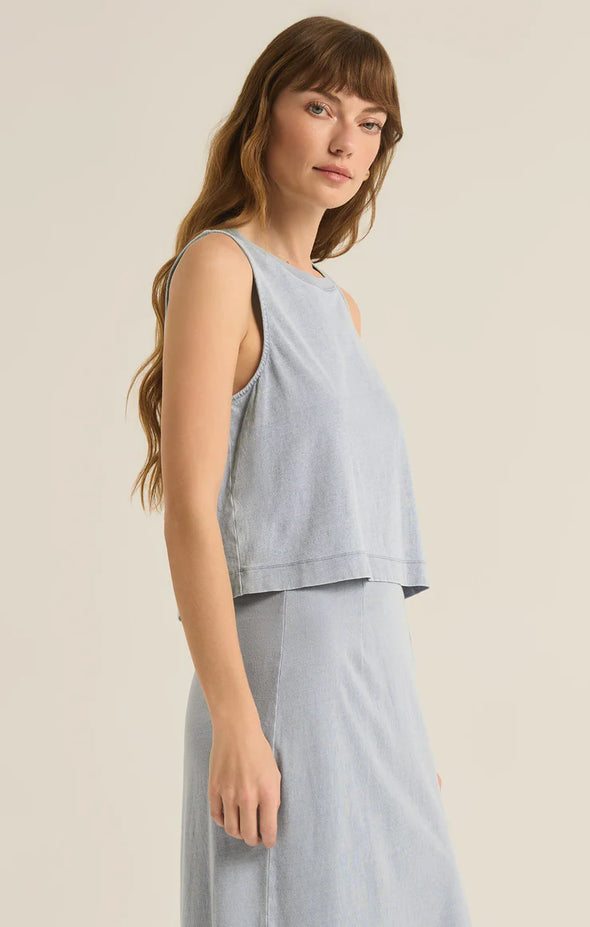 z supply sloane jersey denim muscle tank washed indigo crew neckline