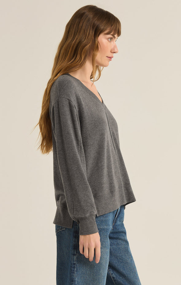 z supply wilder cloud v-neck long sleeve top v-neckline seam detail ribbed detail side slit relaxed fit soft brushed knit charcoal heather grey