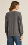 z supply wilder cloud v-neck long sleeve top v-neckline seam detail ribbed detail side slit relaxed fit soft brushed knit charcoal heather grey