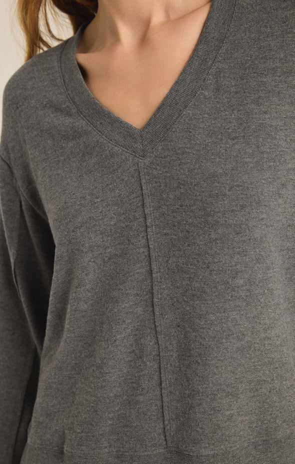 z supply wilder cloud v-neck long sleeve top v-neckline seam detail ribbed detail side slit relaxed fit soft brushed knit charcoal heather grey