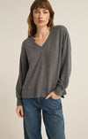 z supply wilder cloud v-neck long sleeve top v-neckline seam detail ribbed detail side slit relaxed fit soft brushed knit charcoal heather grey