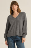 z supply wilder cloud v-neck long sleeve top v-neckline seam detail ribbed detail side slit relaxed fit soft brushed knit charcoal heather grey