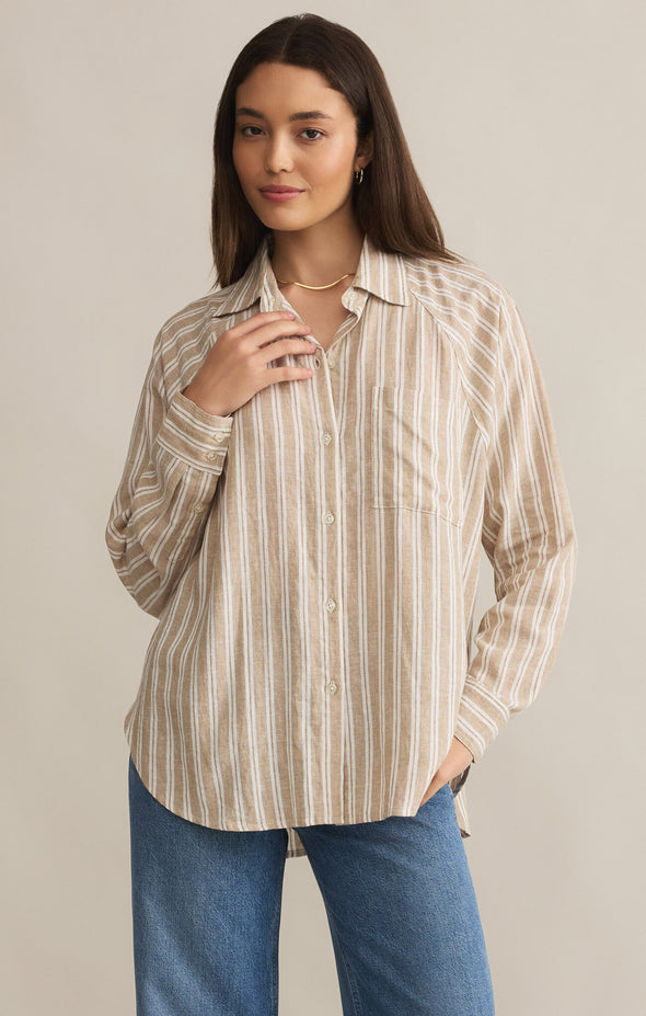 z supply perfect line top collared long sleeve curved hemline button up relaxed fit basic stripe shirt pebble moon