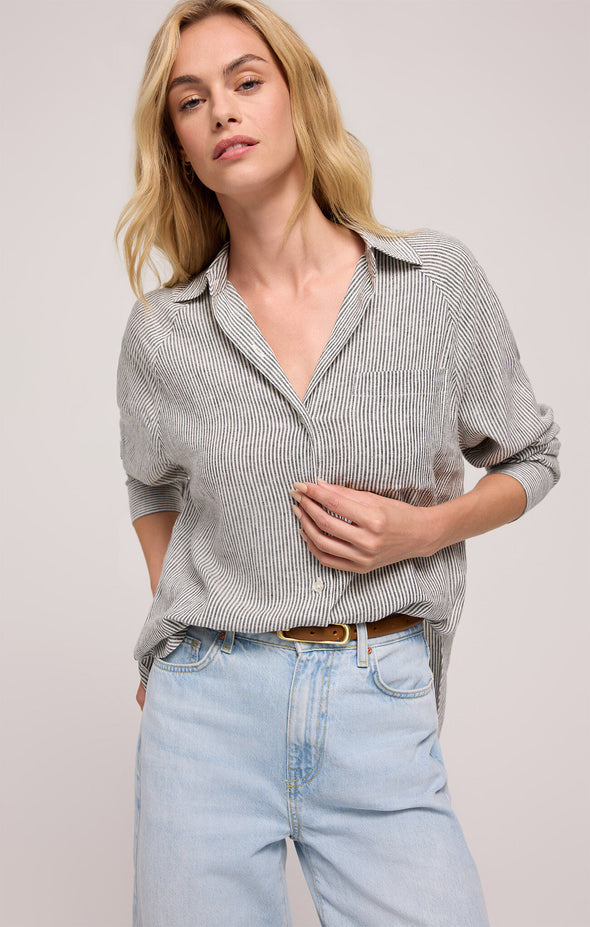 z supply perfect line top collared long sleeve curved hemline button up relaxed fit basic stripe shirt sea salt
