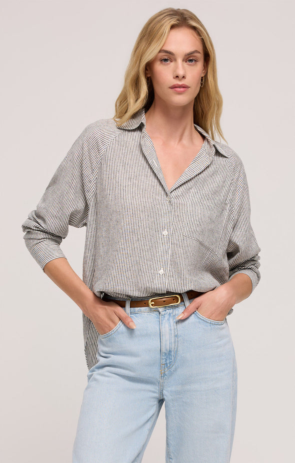 z supply perfect line top collared long sleeve curved hemline button up relaxed fit basic stripe shirt sea salt
