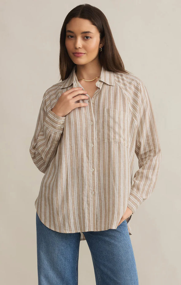 z supply perfect line top button up long sleeve relaxed fit striped collared
