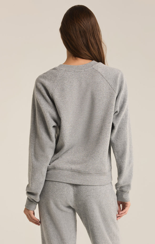 z supply saldana reverse fleece top crewneck long sleeve reverse fleece textured pullover soft relaxed fit heather grey