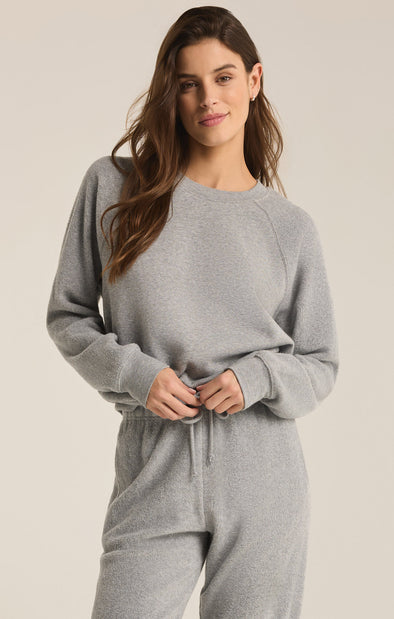 z supply saldana reverse fleece top crewneck long sleeve reverse fleece textured pullover soft relaxed fit heather grey