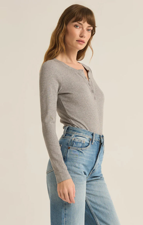 z supply samara rib henley long sleeve bodysuit fitted ribbed fabric half button neckline basic knit top classic heather grey