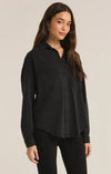 z supply niccola button up top lightweight knit relaxed fit long sleeve collared shirt black