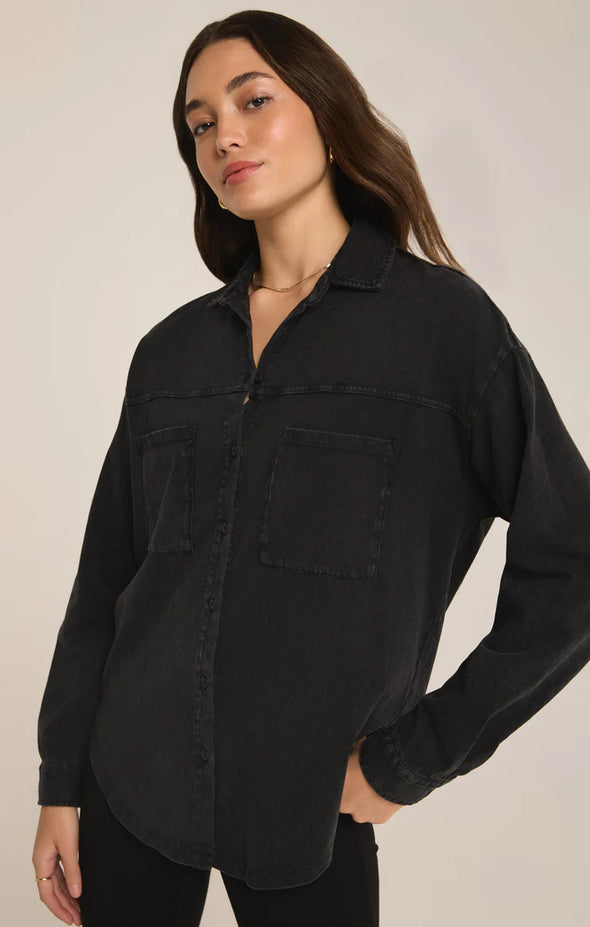 z supply niccola button up top lightweight knit relaxed fit long sleeve collared shirt black