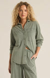 z supply niccola button up top lightweight knit relaxed fit long sleeve collared shirt palm green