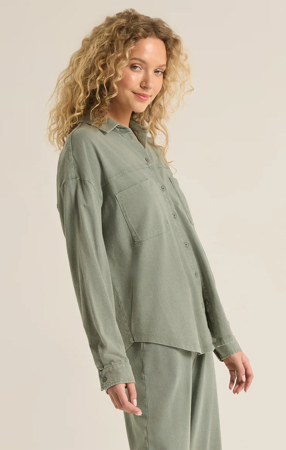 z supply niccola button up top lightweight knit relaxed fit long sleeve collared shirt palm green