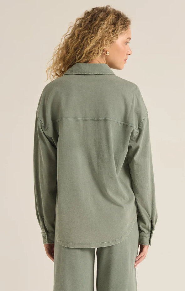 z supply niccola button up top lightweight knit relaxed fit long sleeve collared shirt palm green