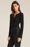 z supply scarlett rib henley top black long sleeve fitted silhouette button detail v- neckline layering top