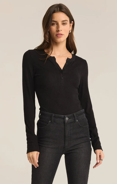 z supply scarlett rib henley top black long sleeve fitted silhouette button detail v- neckline layering top