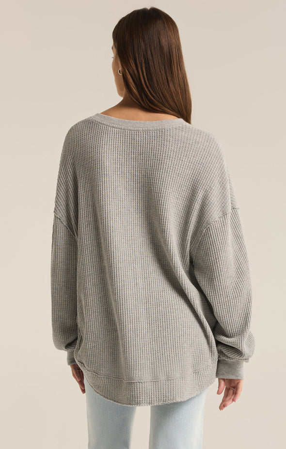 z supply jax cozy waffle henley long sleeve soft waffle thermal fabric oversized fit rounded hem raw edge detailing button neckline soft brushed fabric classic heather grey