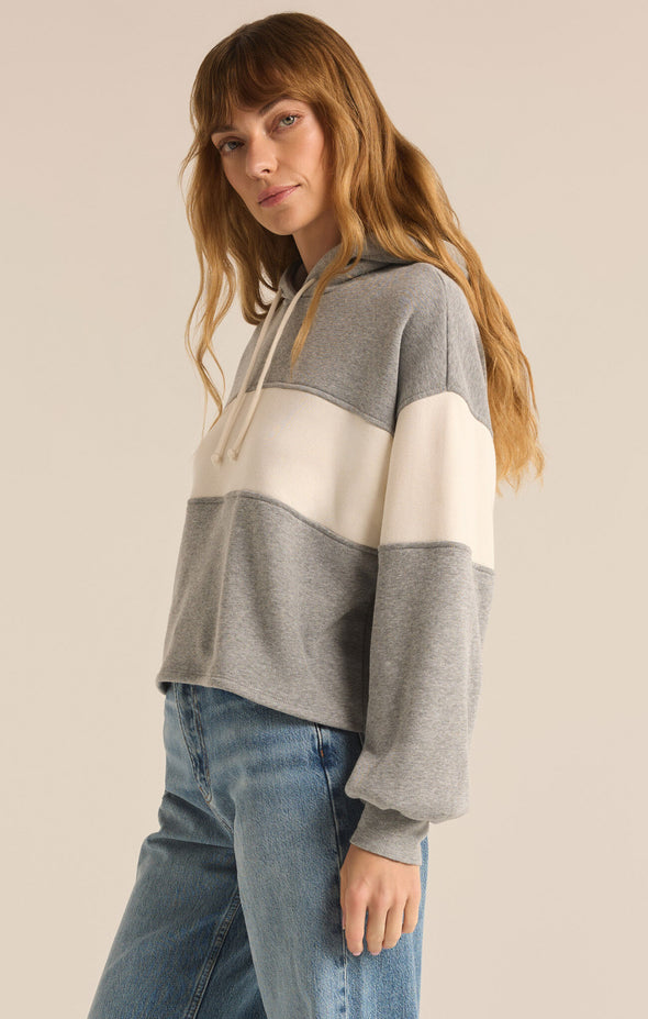 z supply landing colorblocked hoodie drawstring hood plush reverse fleece fabric colorblock stripe cream grey cropped length relaxed fit classic heather grey