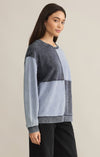 z supply fair + square denim sweatshirt colorblocked checked crewneck pullover knit denim sweatshirt french terry relaxed fit long sleeve washed indigo